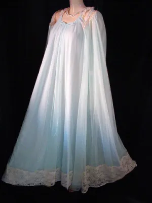 *  NEW WITH TAG - VINTAGE INTIME DOUBLE NYLON & LACE PEIGNOIR & NIGHTGOWN SET IN CARIBBEAN BLUE