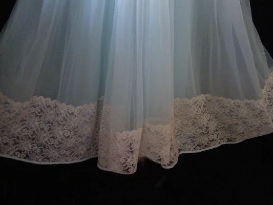 *  NEW WITH TAG - VINTAGE INTIME DOUBLE NYLON & LACE PEIGNOIR & NIGHTGOWN SET IN CARIBBEAN BLUE