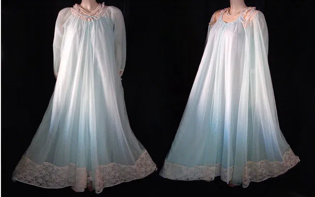 *  NEW WITH TAG - VINTAGE INTIME DOUBLE NYLON & LACE PEIGNOIR & NIGHTGOWN SET IN CARIBBEAN BLUE