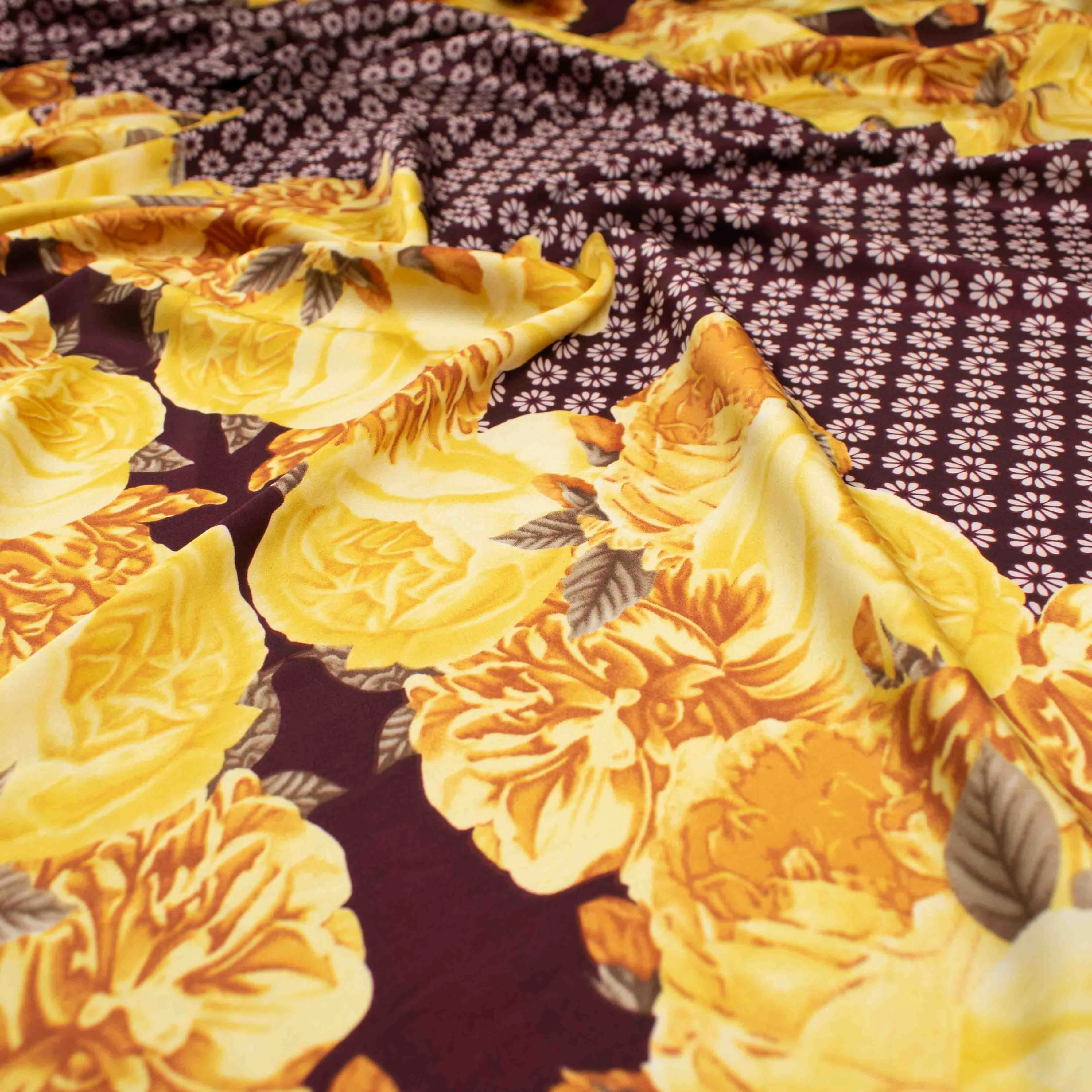 Amarylis Printed Satin Design-44 Border Gold Floral on Maroon