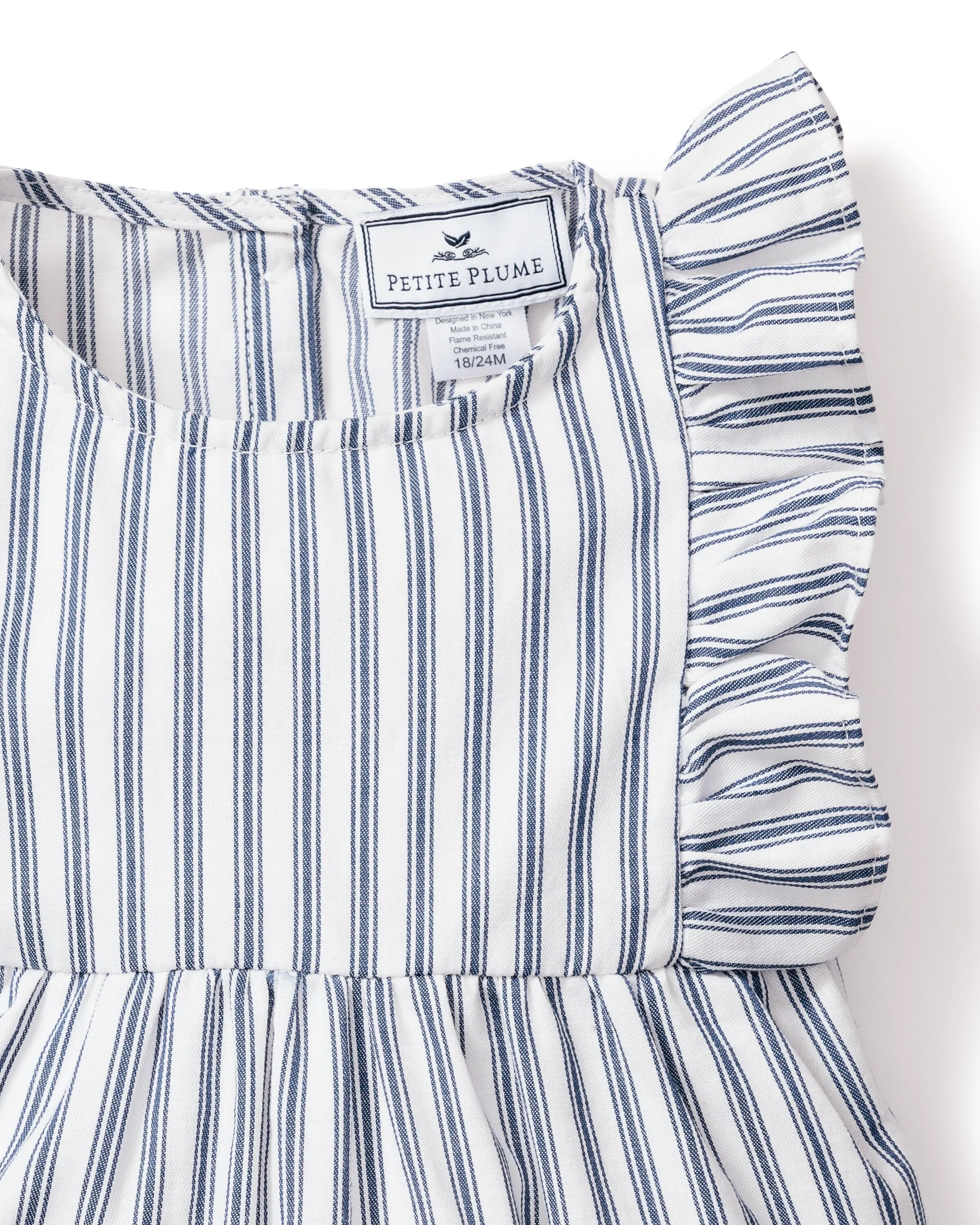 Baby's Twill Ruffled Rompers | Navy French Ticking