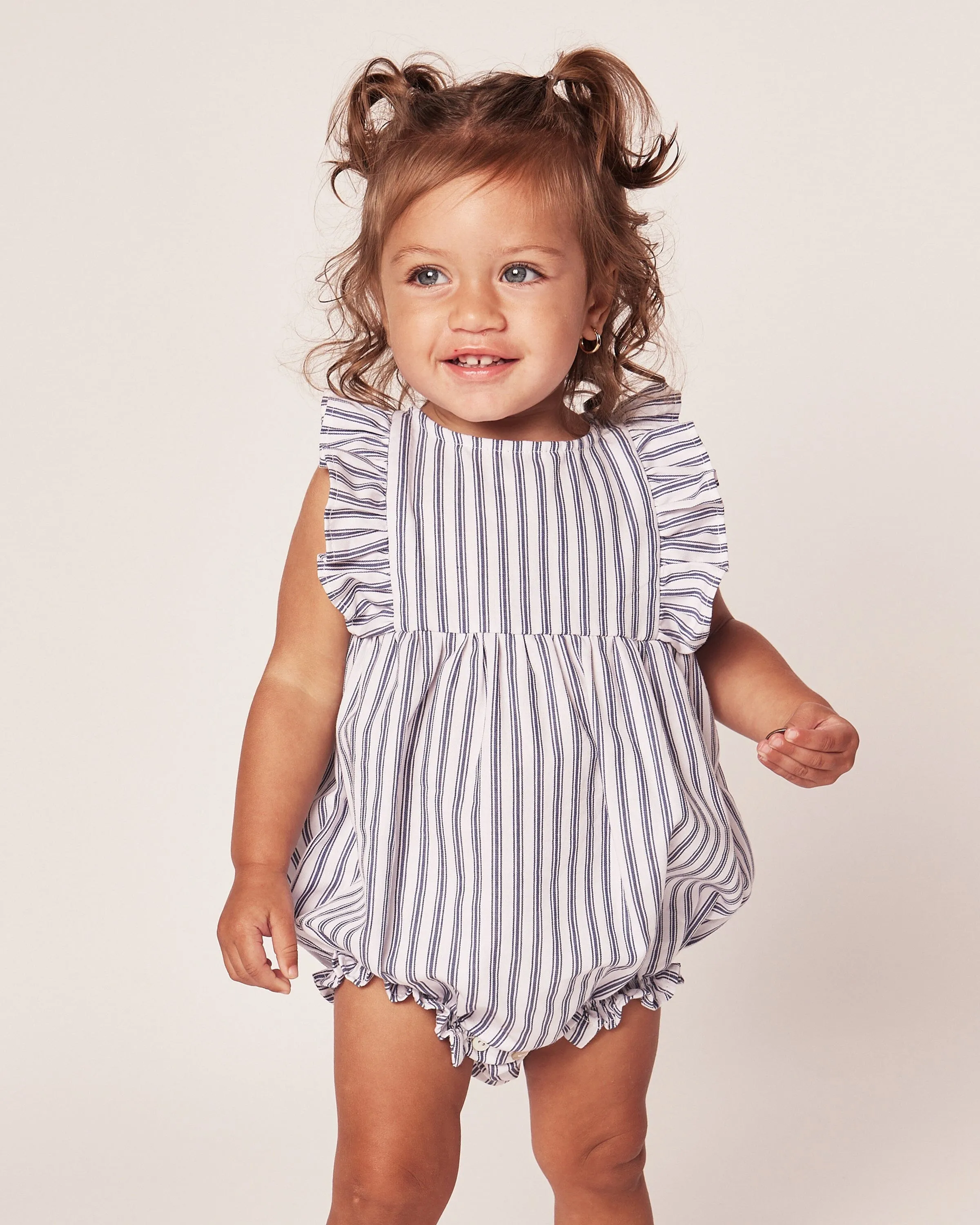 Baby's Twill Ruffled Rompers | Navy French Ticking