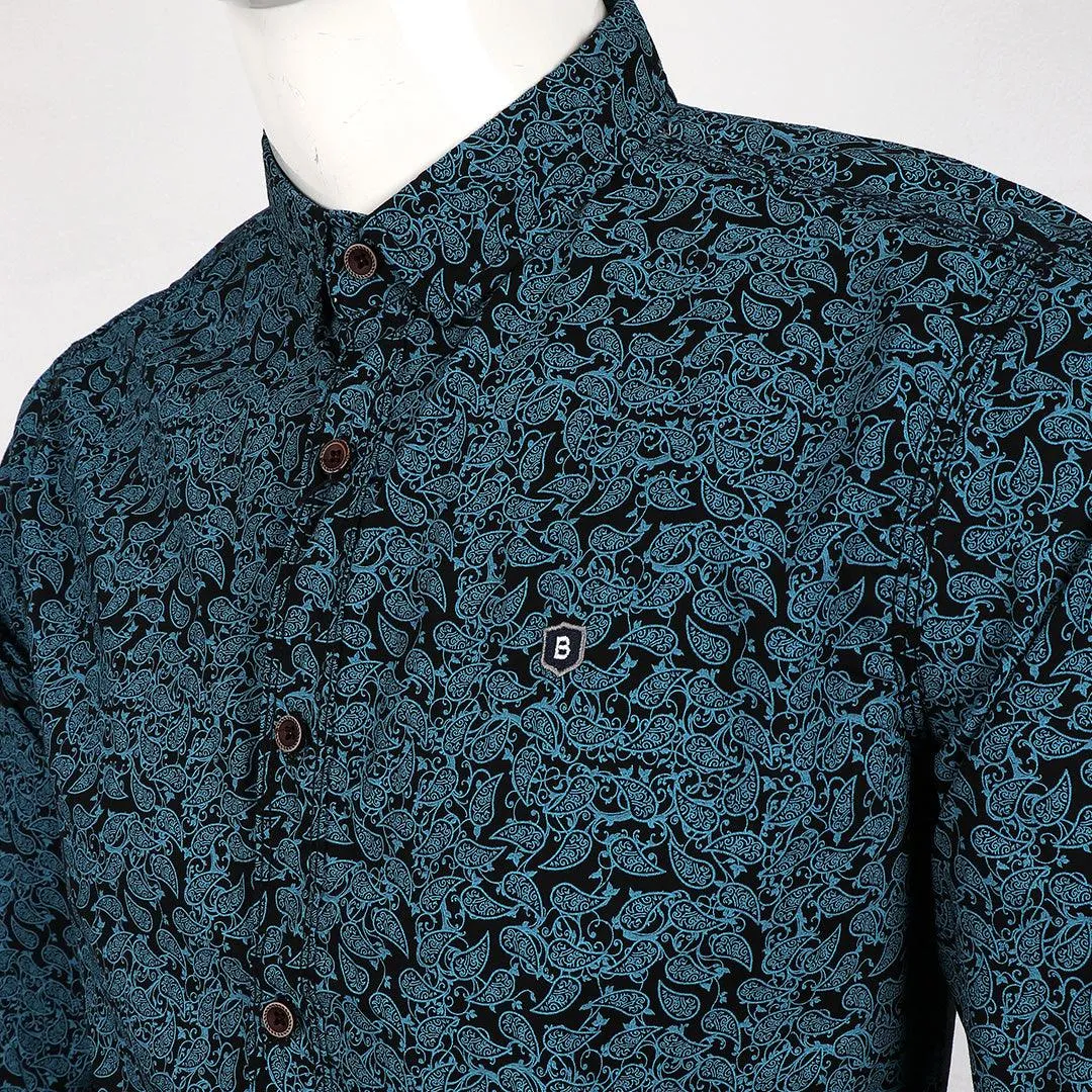 Badgley Rich Closet Floral Print Long Sleeve Shirt-Blue