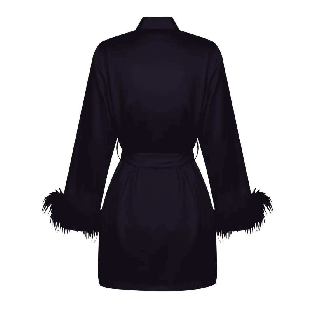 Black Satin Feather Short Robe