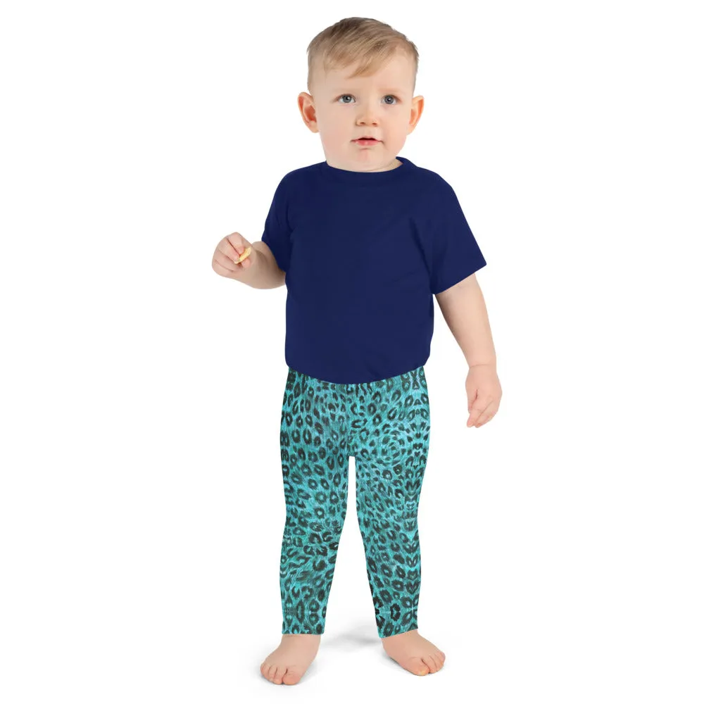 Blue Leopard Print Kid's Leggings, Animal Print Designer Premium Children's Tights-Made in USA/EU/MX