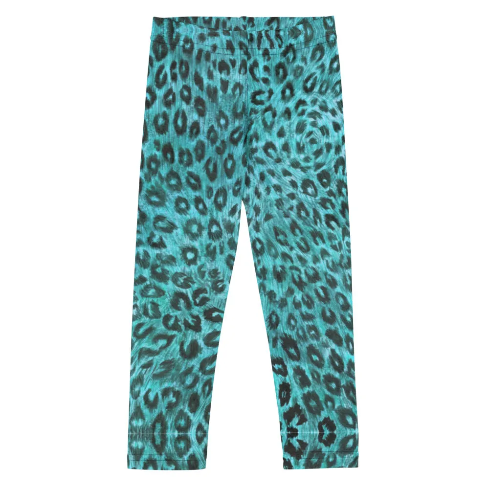 Blue Leopard Print Kid's Leggings, Animal Print Designer Premium Children's Tights-Made in USA/EU/MX