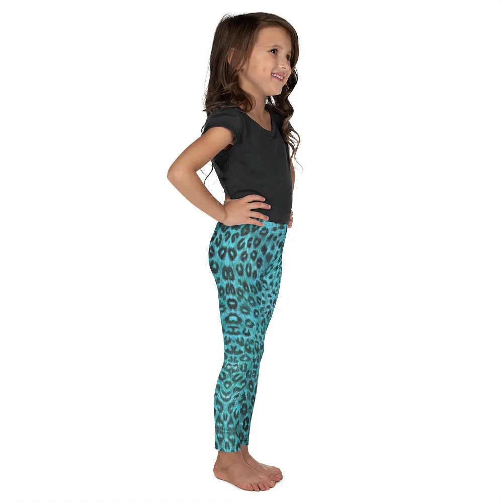 Blue Leopard Print Kid's Leggings, Animal Print Designer Premium Children's Tights-Made in USA/EU/MX