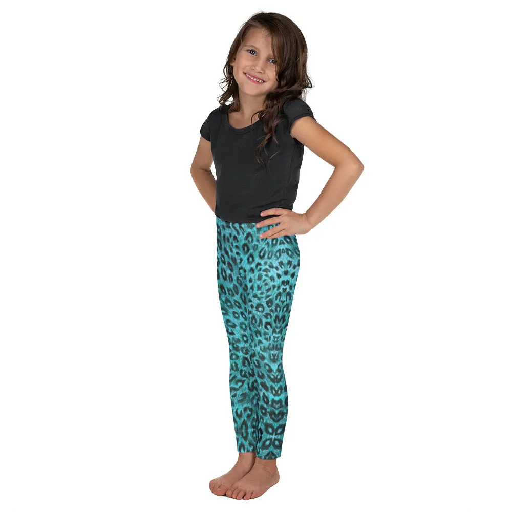 Blue Leopard Print Kid's Leggings, Animal Print Designer Premium Children's Tights-Made in USA/EU/MX