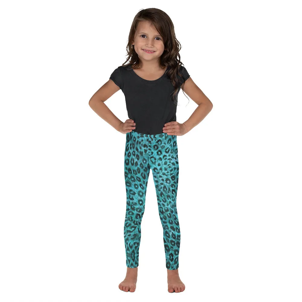 Blue Leopard Print Kid's Leggings, Animal Print Designer Premium Children's Tights-Made in USA/EU/MX