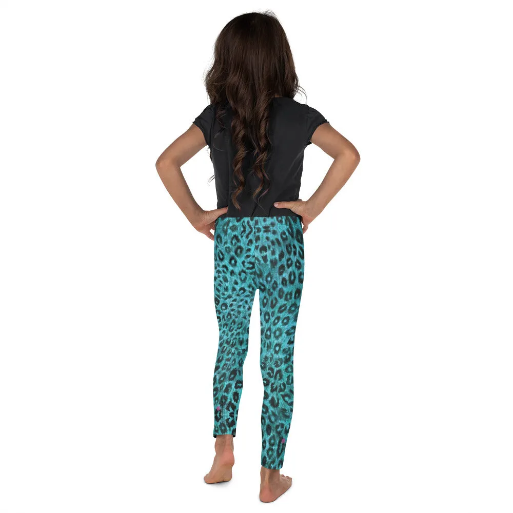 Blue Leopard Print Kid's Leggings, Animal Print Designer Premium Children's Tights-Made in USA/EU/MX