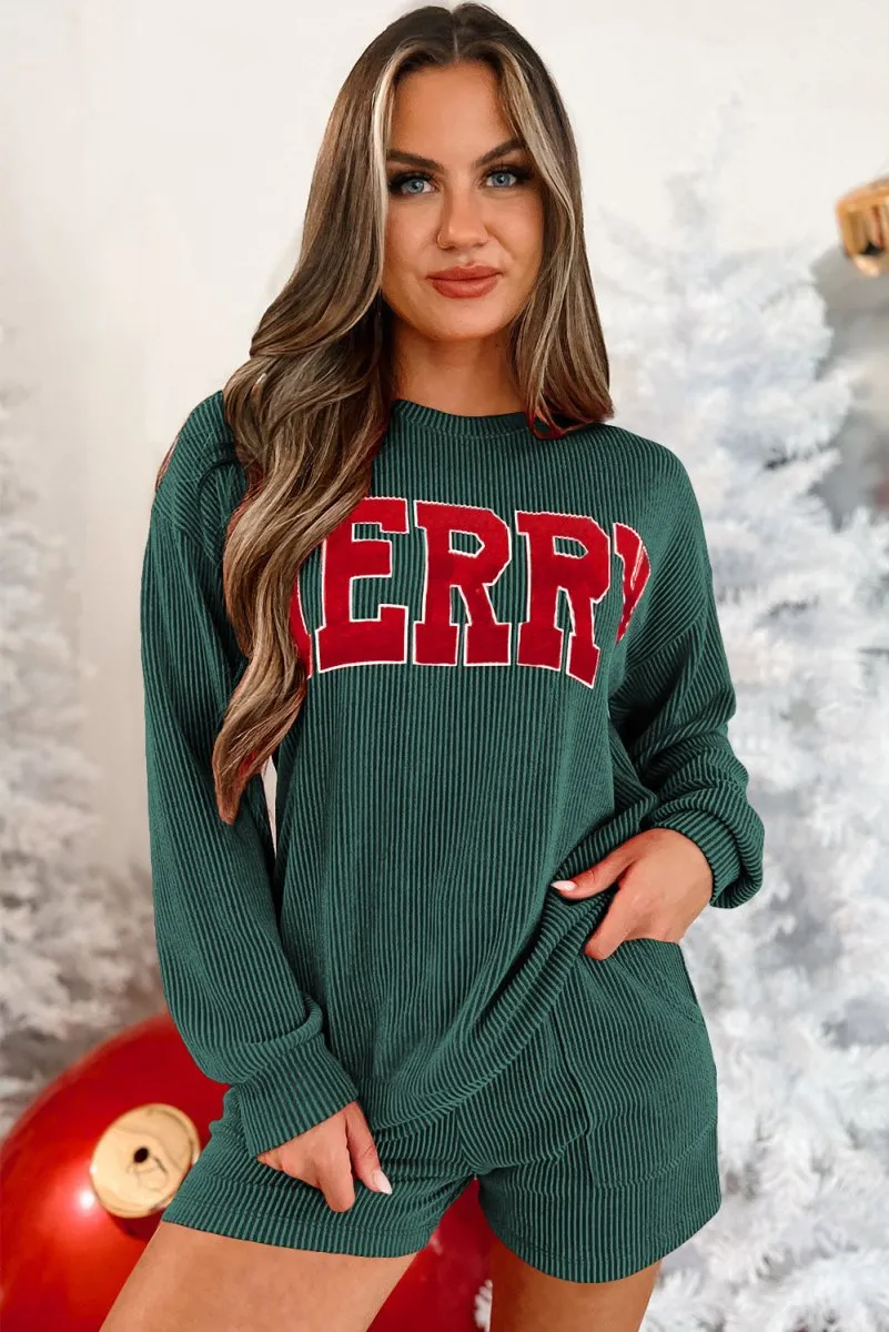 Christmas Corduroy "MERRY" Graphic Long Sleeve Shorts Set