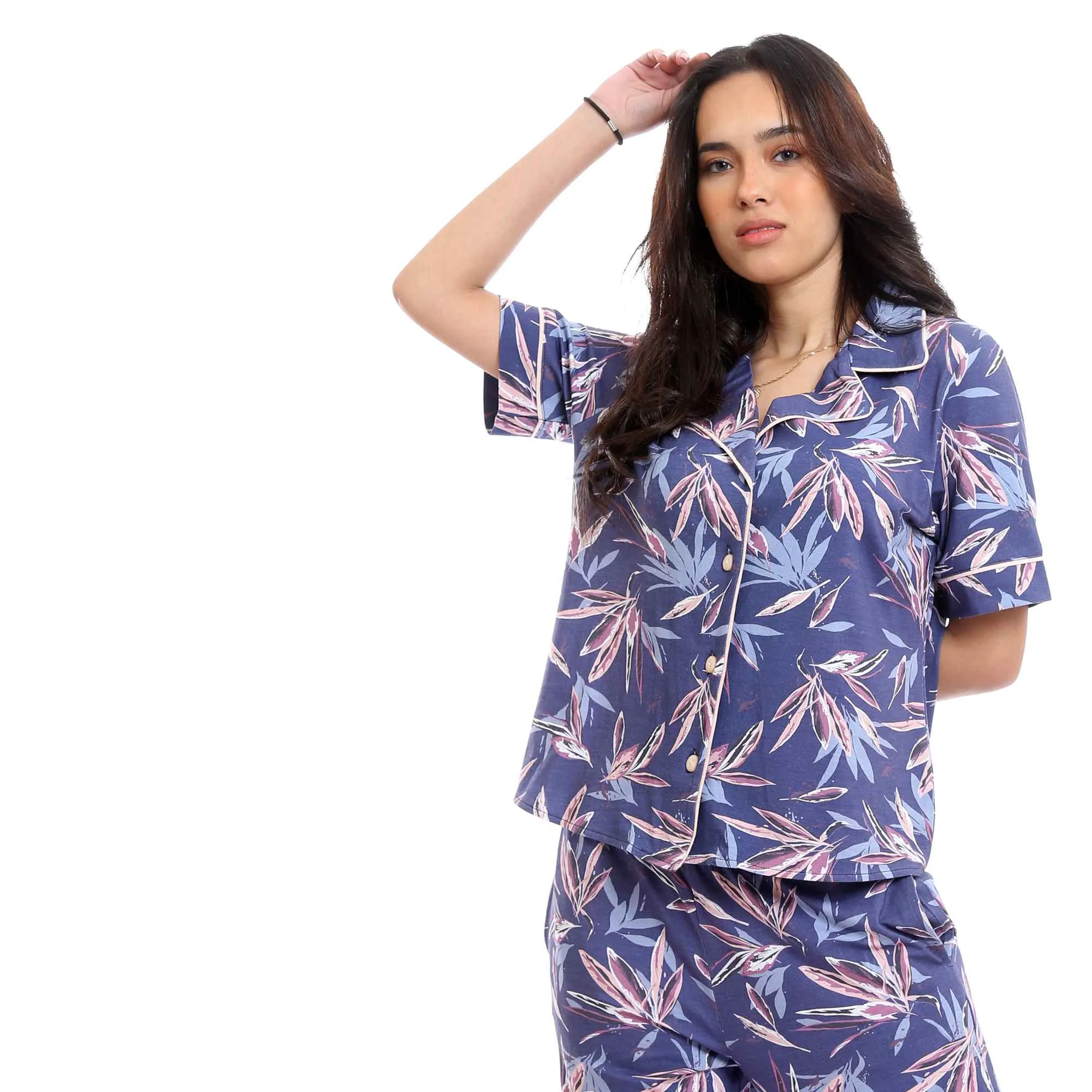 Classic Collar Patterned Short Sleeves Pajama Set - Indigo & Purple