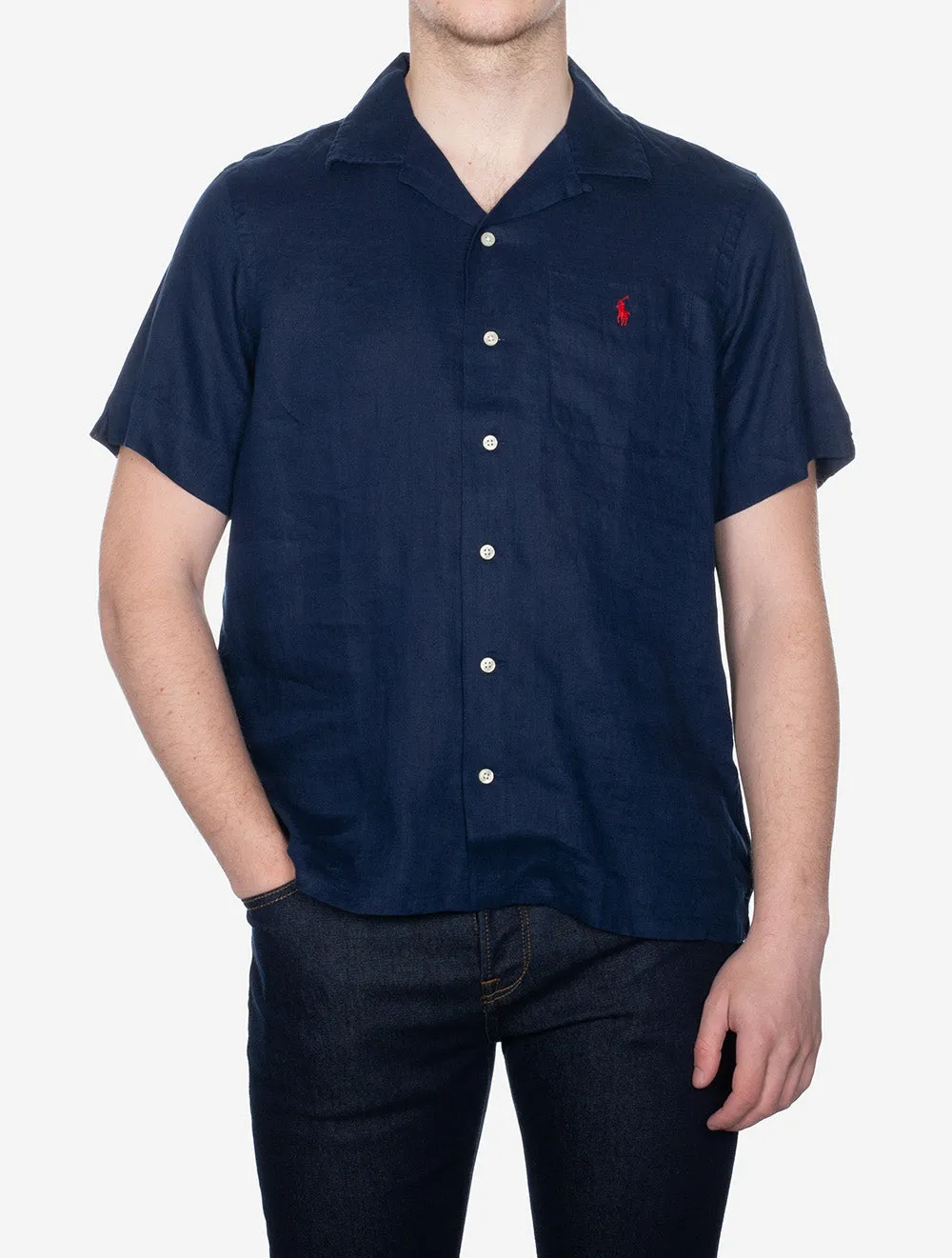 Classic Fit Linen Short Sleeve Shirt Navy