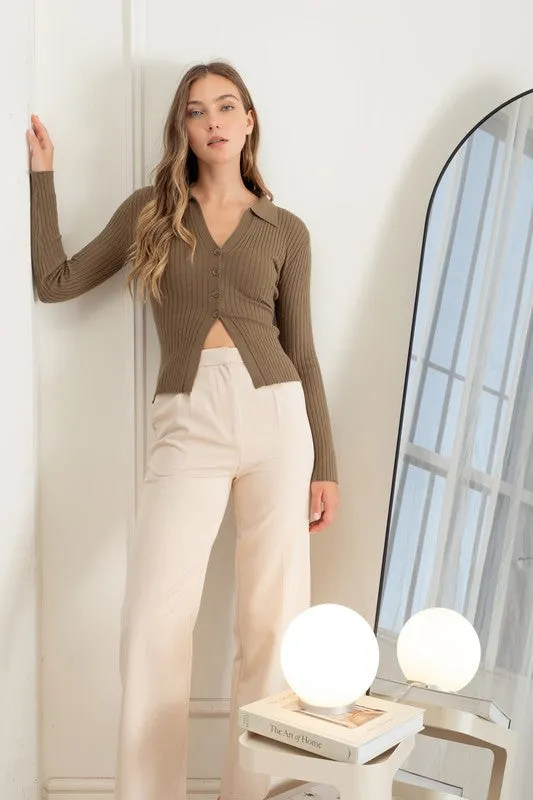 Collared Button Front Long Sleeve Sweater Knit Top