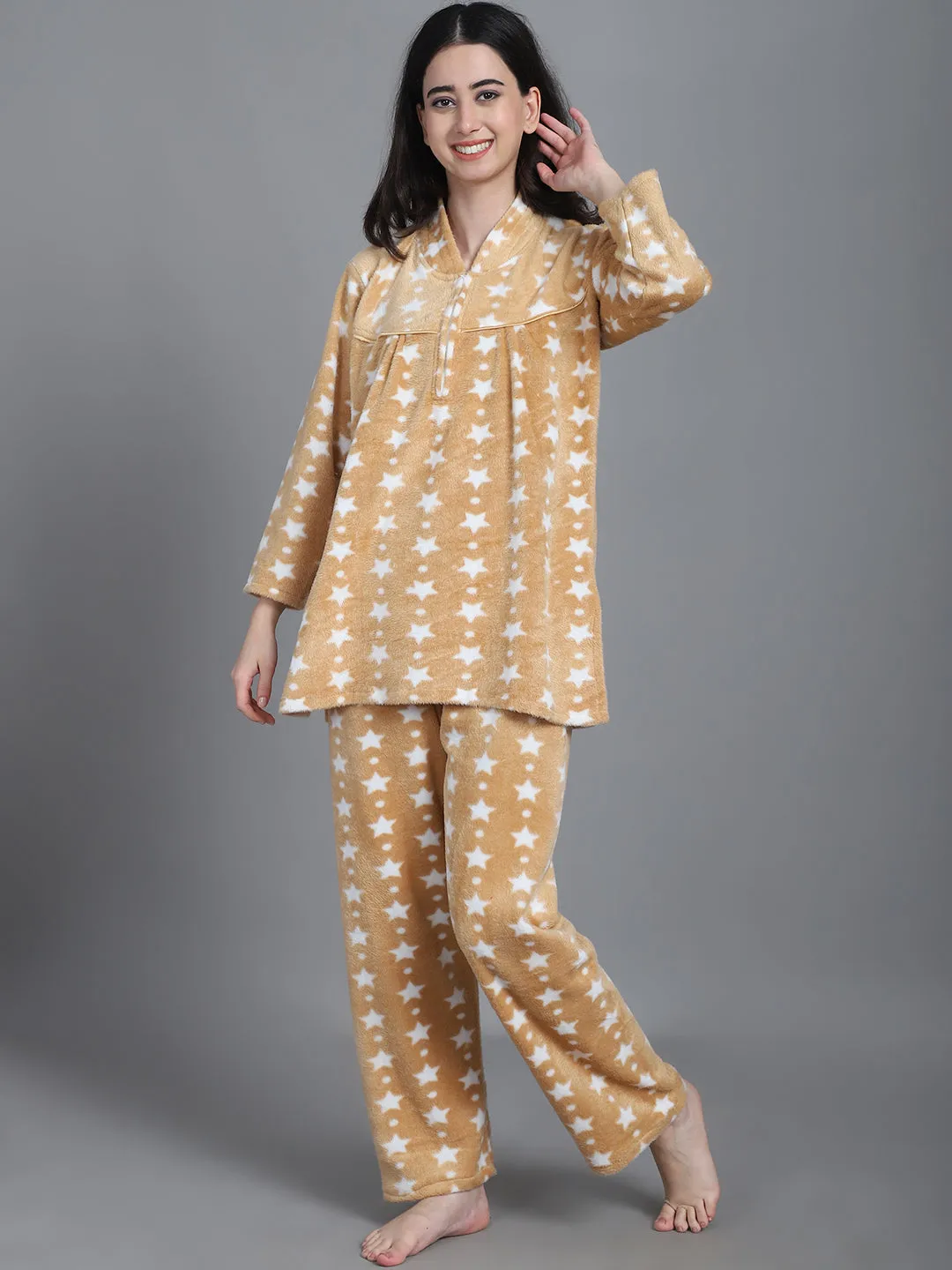 Cozy Star Print Winter Night Suit - Beige