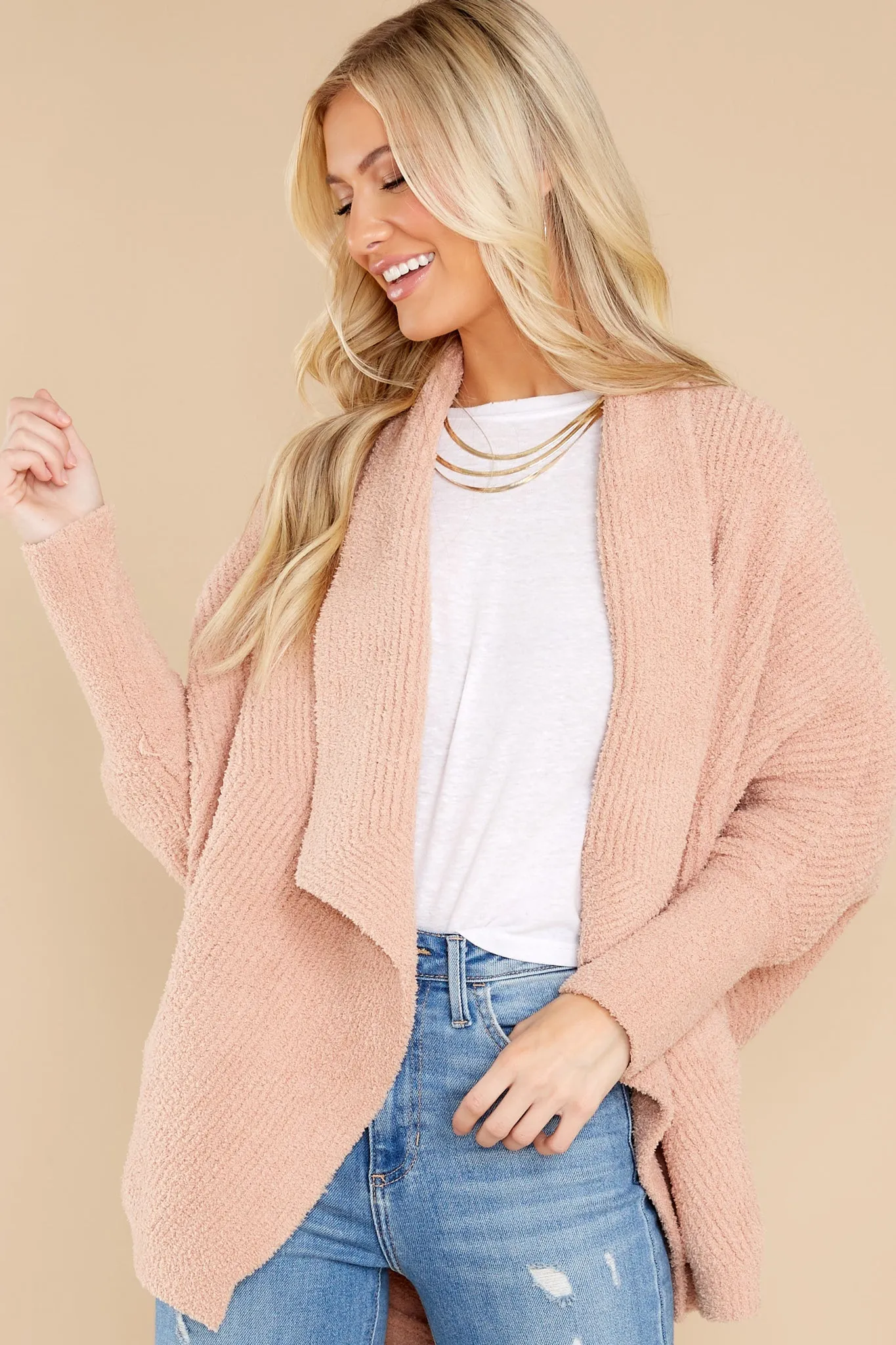 Cozychic® Misty Rose Chevron Ribbed Cardigan