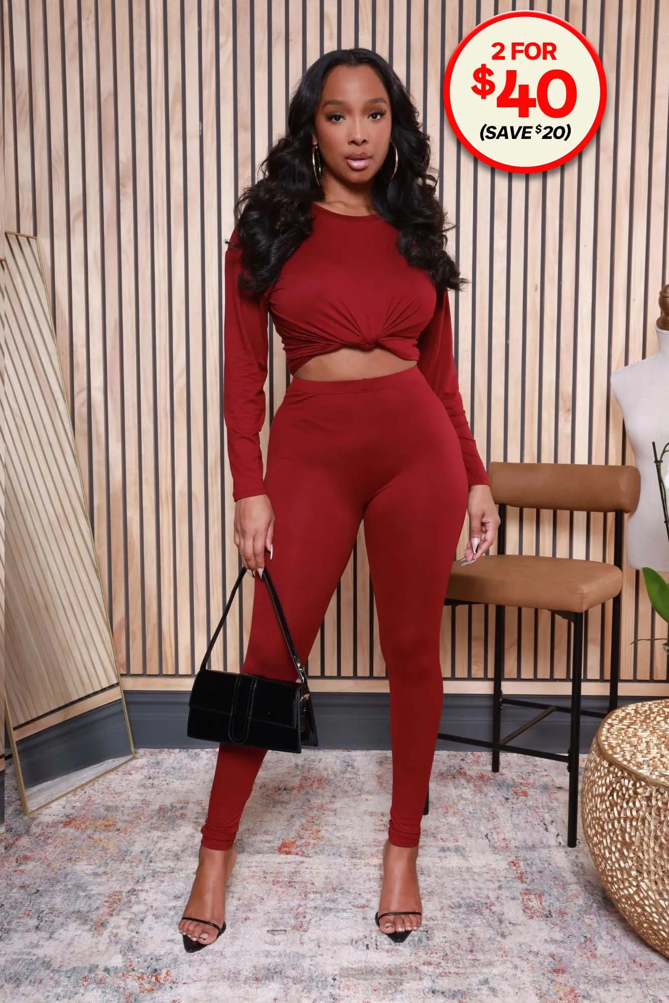 Fit The Vibe Crewneck Legging Set - Burgundy