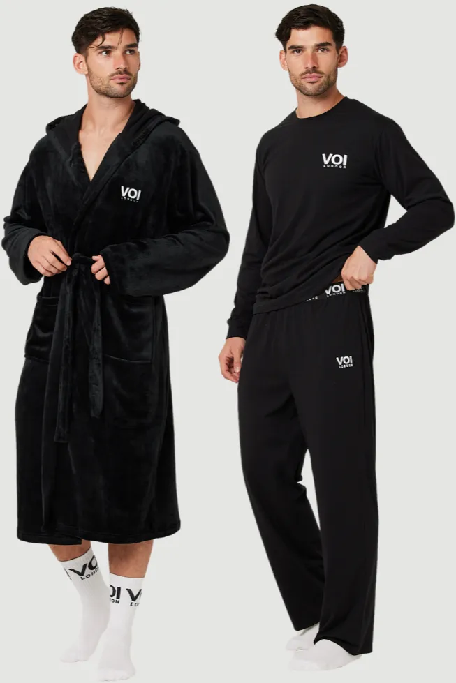 Fleece Dressing Gown & Cotton PJ Set Bundle - Black/Black