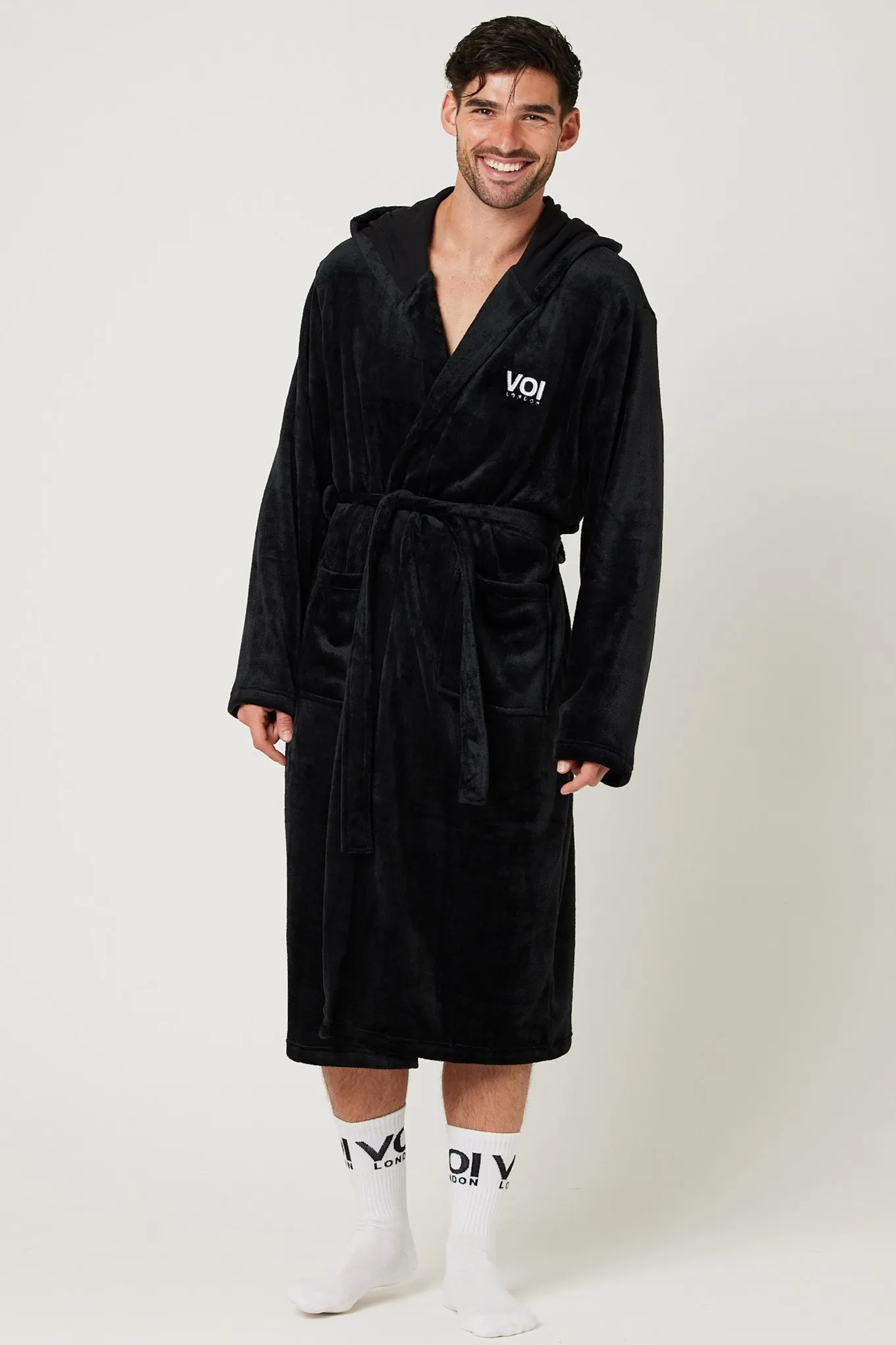 Fleece Dressing Gown & Cotton PJ Set Bundle - Black/Black