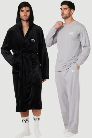 Fleece Dressing Gown & Cotton PJ Set Bundle - Black/Grey