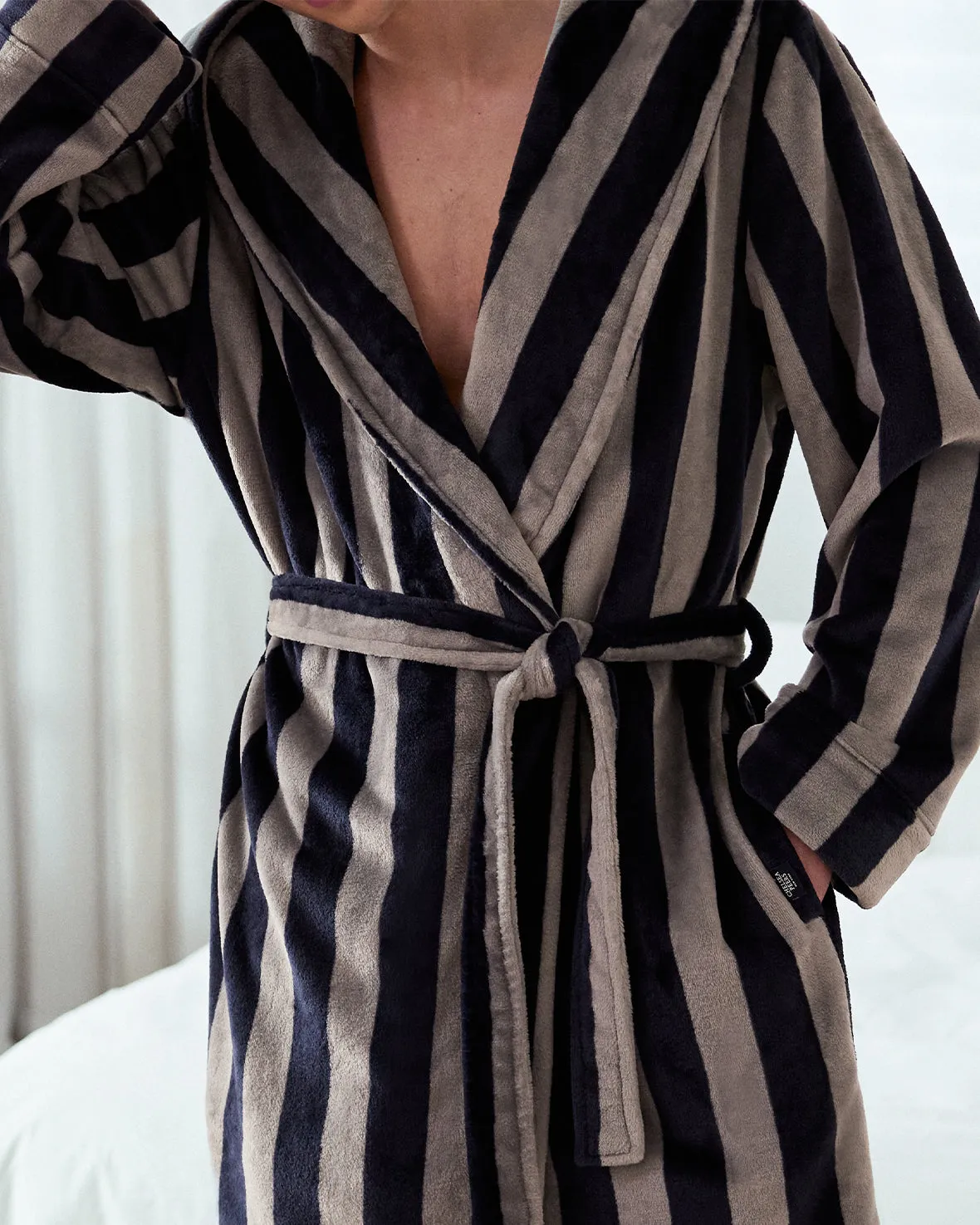 Fleece Stripe Dressing Gown - Navy