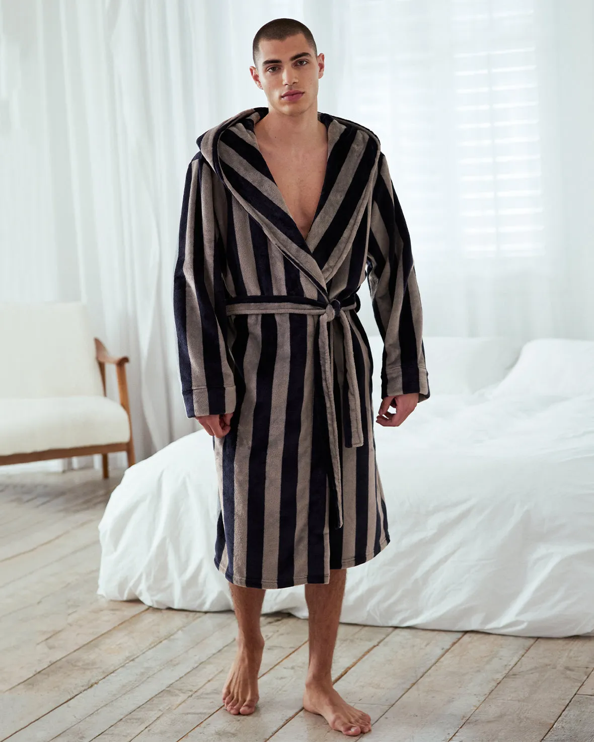 Fleece Stripe Dressing Gown - Navy