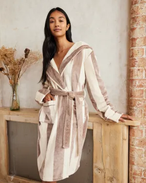 Fleece Stripe Dressing Gown - Taupe