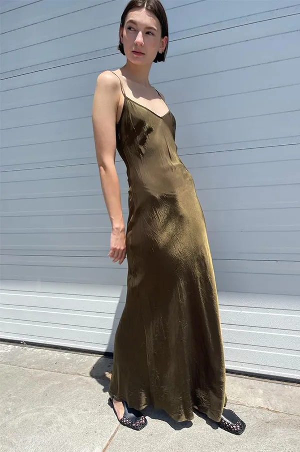 Floor-Length Bias Ankle Slip in Olive (Sold Out)