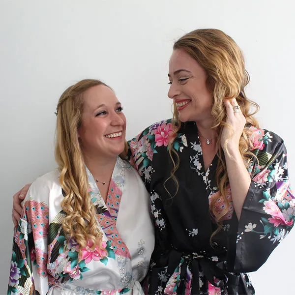 Floral Bride & Bridesmaid Robes, Womens & Child Sizes, Satin Feel, Mid-Length