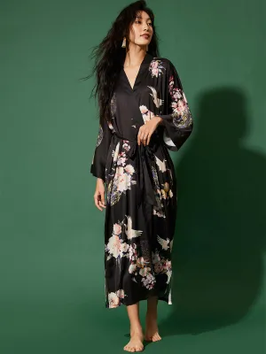 Garden Crane Black Kimono Robe