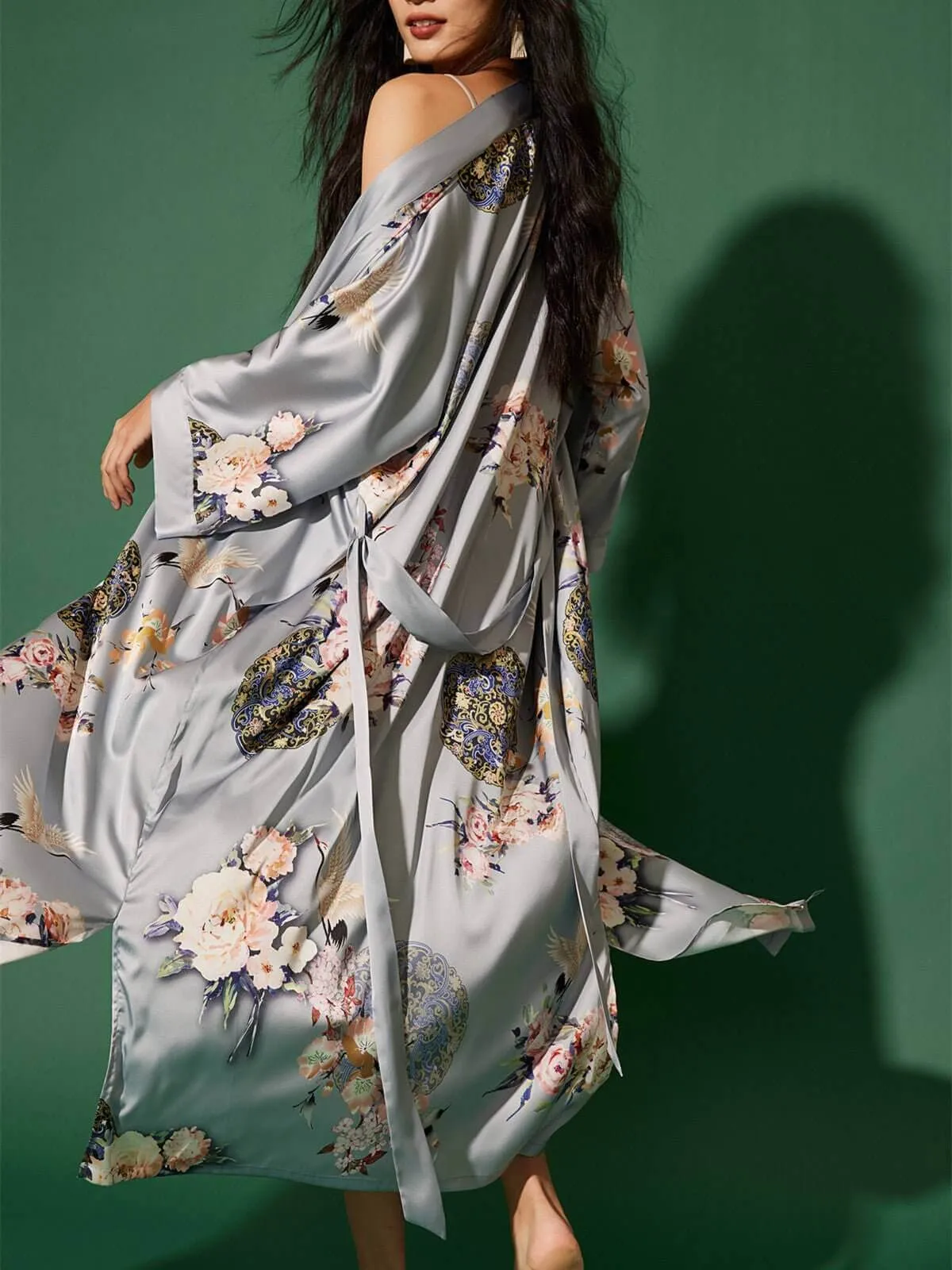 Garden Crane Gray Kimono Robe