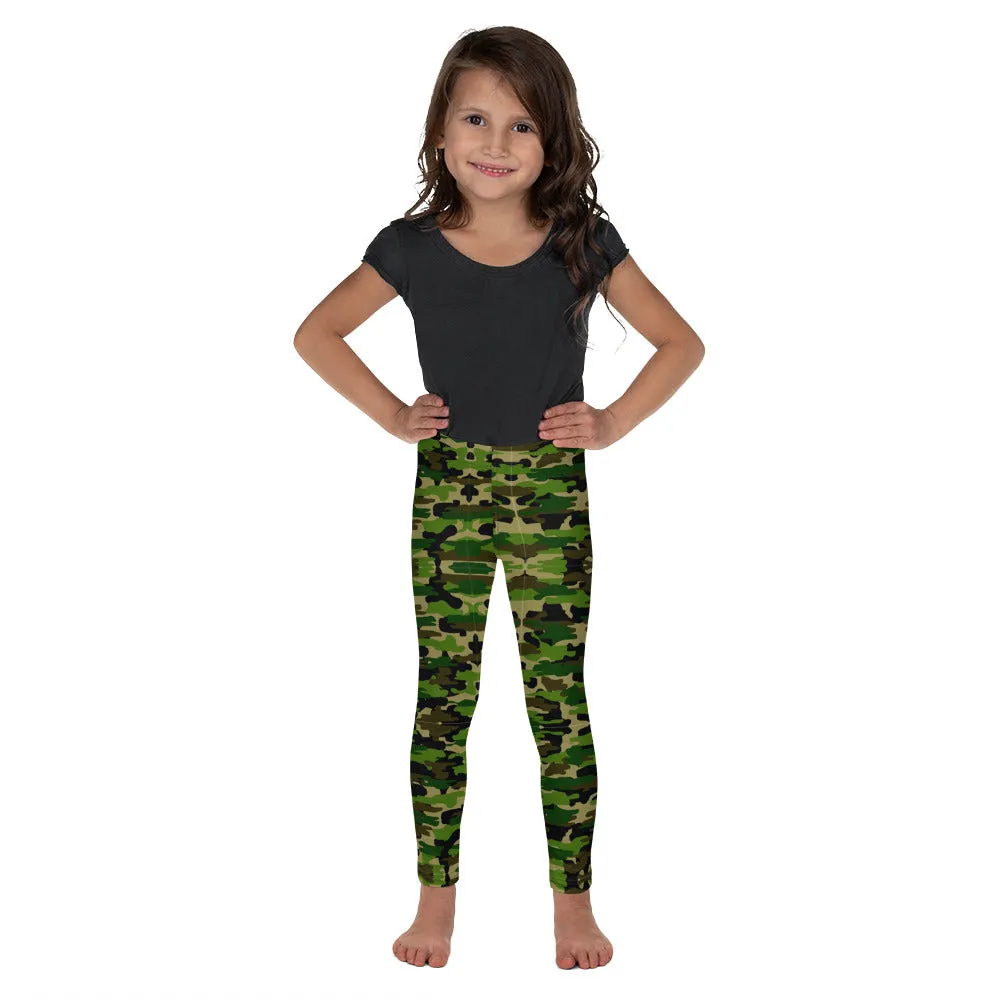 Green Camo Kid's Leggings, Army Military Camouflage Print Children's Tights-Made in USA/EU