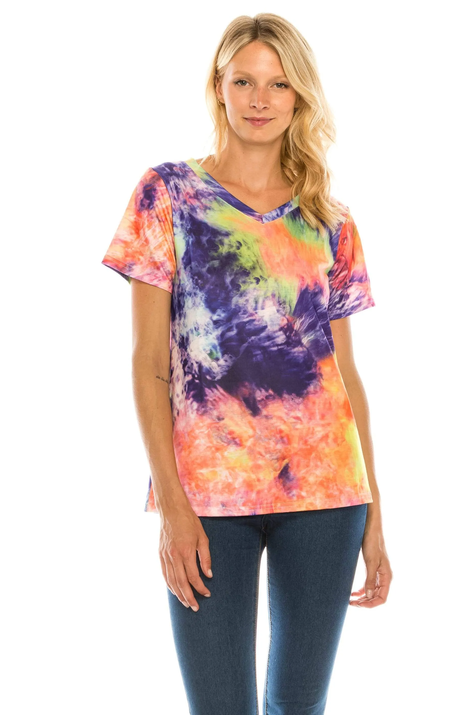 Haute Edition Women's V Neck Tie Dye Prints Tee