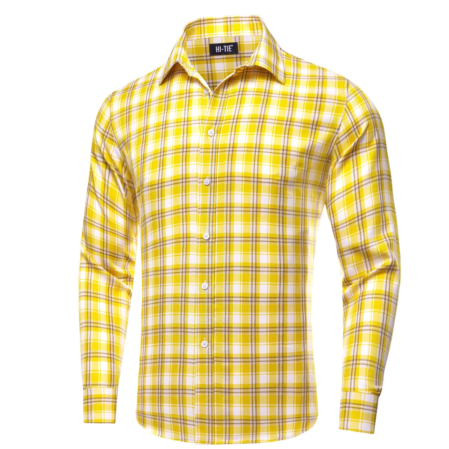 Hi-Tie Men's Shirt Yellow White Classic Plaid Silk Long Sleeve Shirt