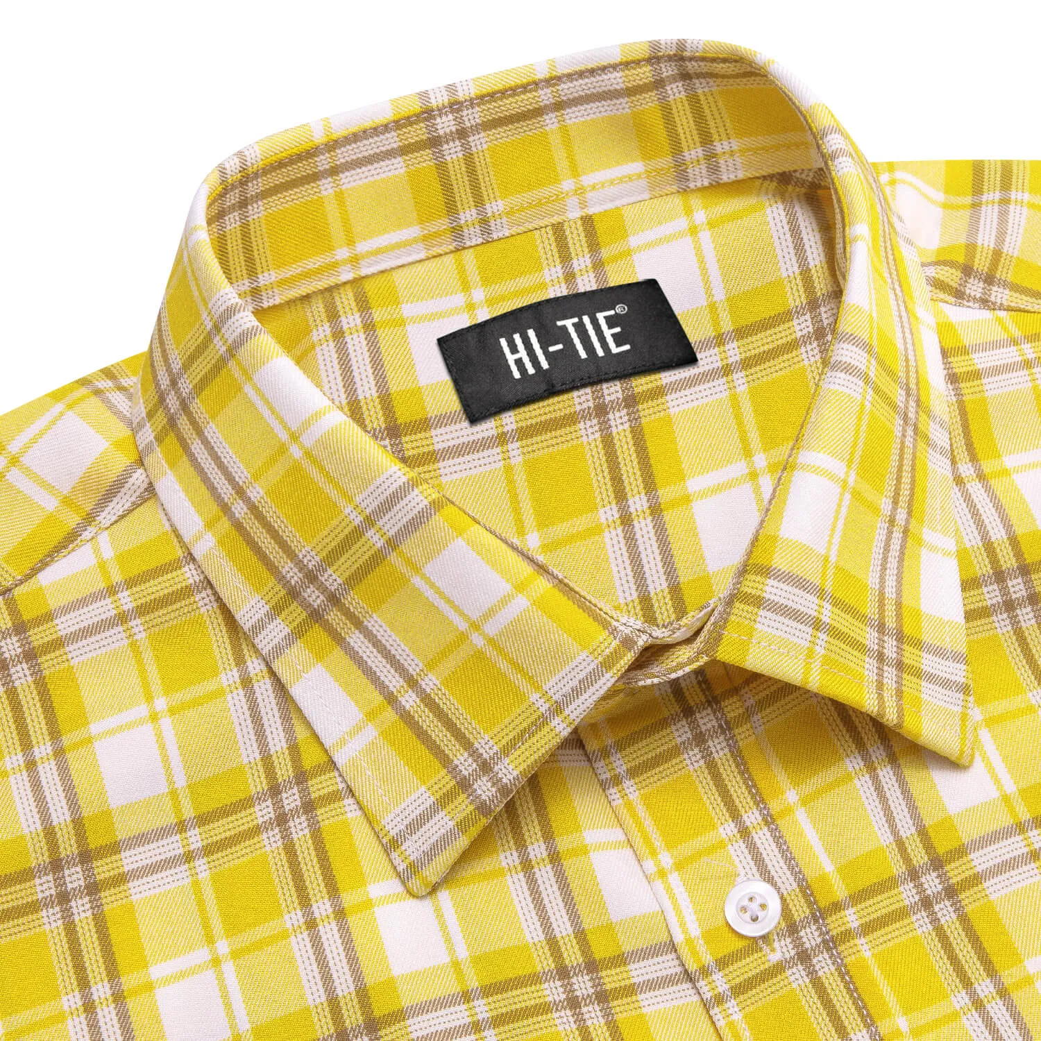 Hi-Tie Men's Shirt Yellow White Classic Plaid Silk Long Sleeve Shirt