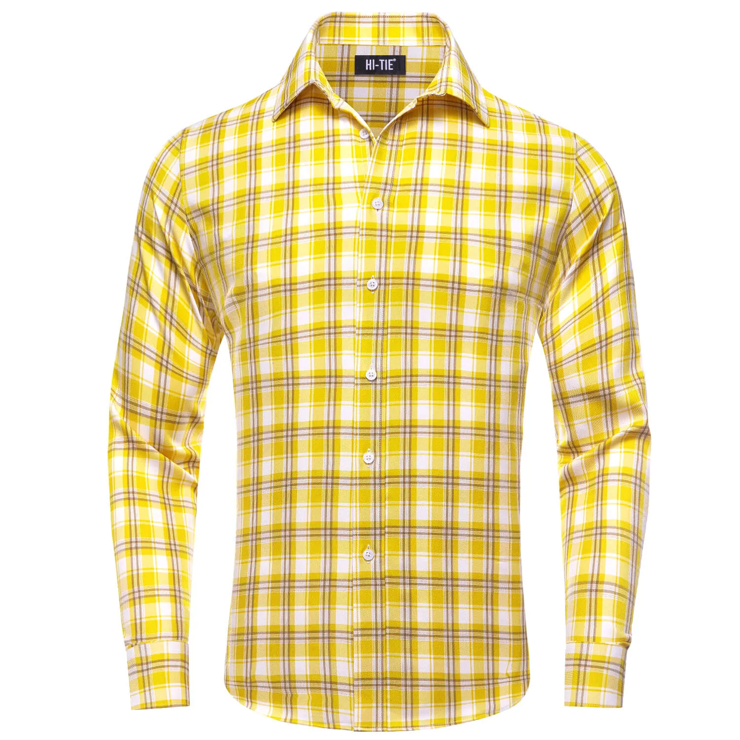 Hi-Tie Men's Shirt Yellow White Classic Plaid Silk Long Sleeve Shirt