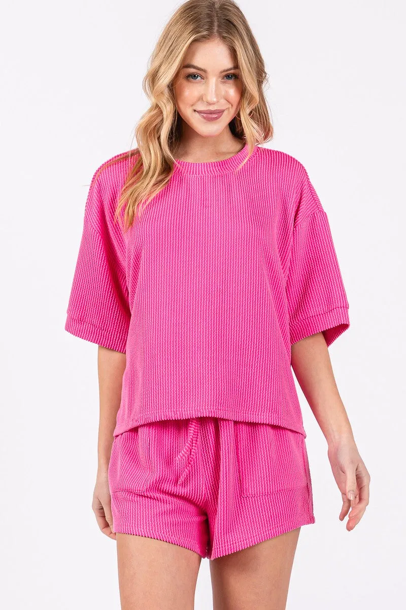 (Hot Pink) On The Go Ribbed Round Neck Top and Short Set