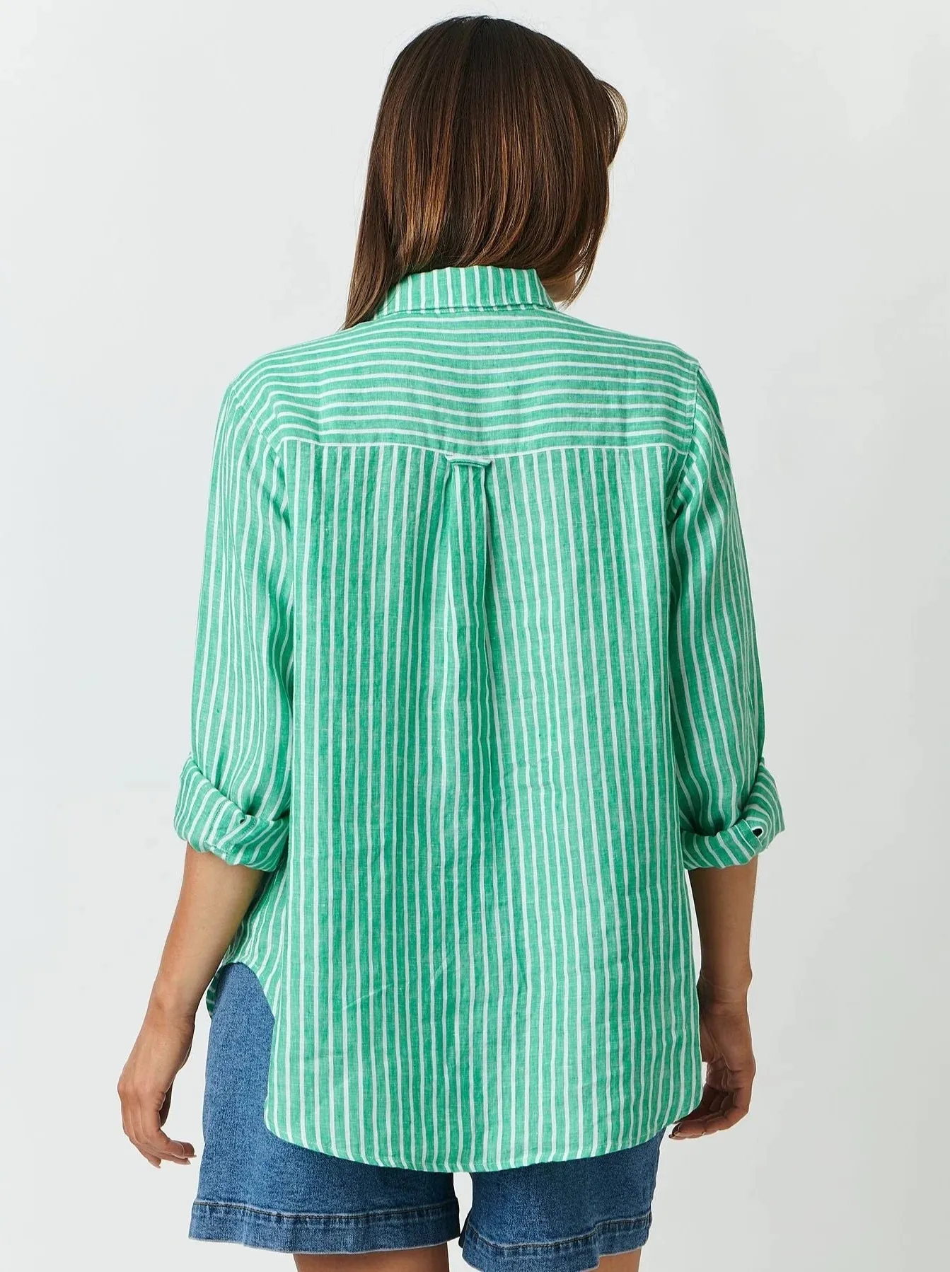 Linen Boyfriend Shirt in Green Stripe