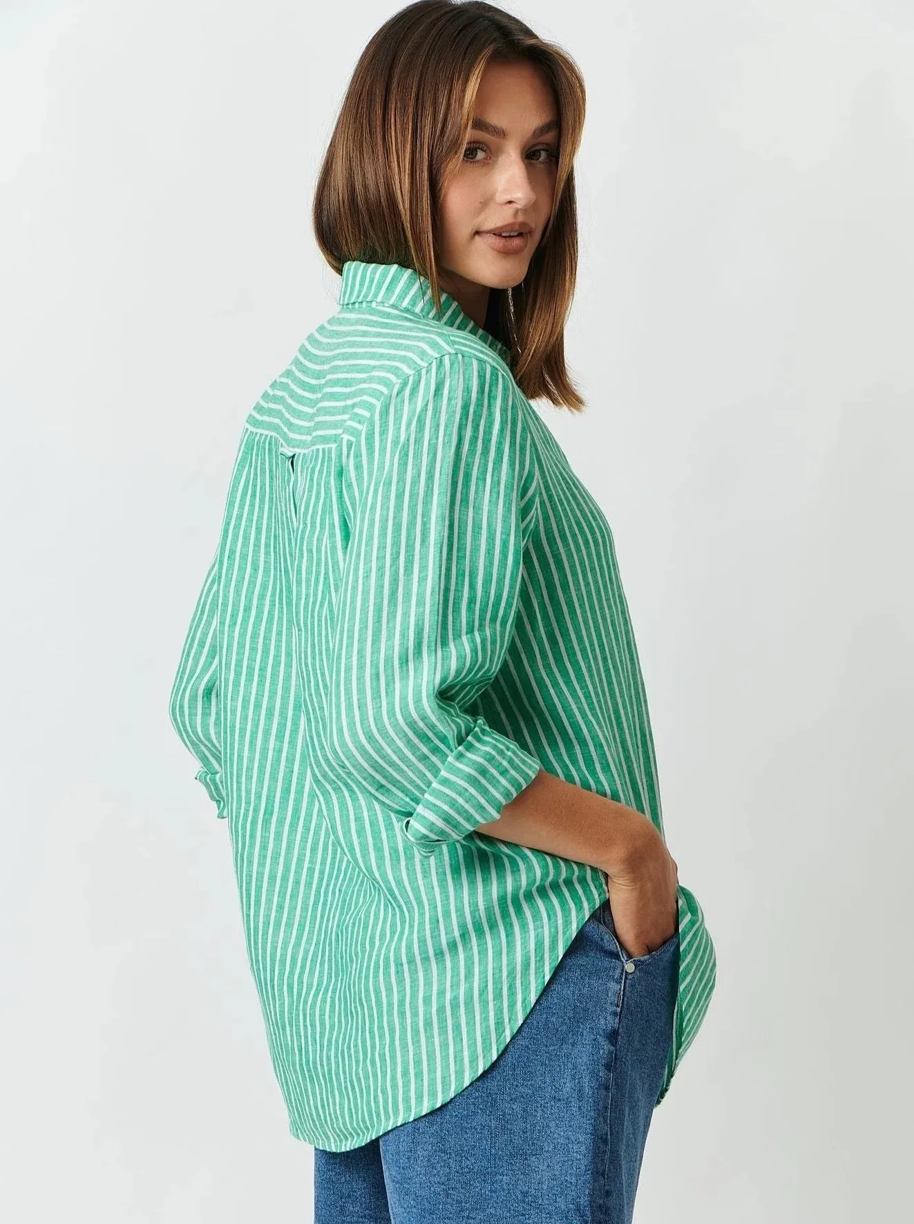 Linen Boyfriend Shirt in Green Stripe