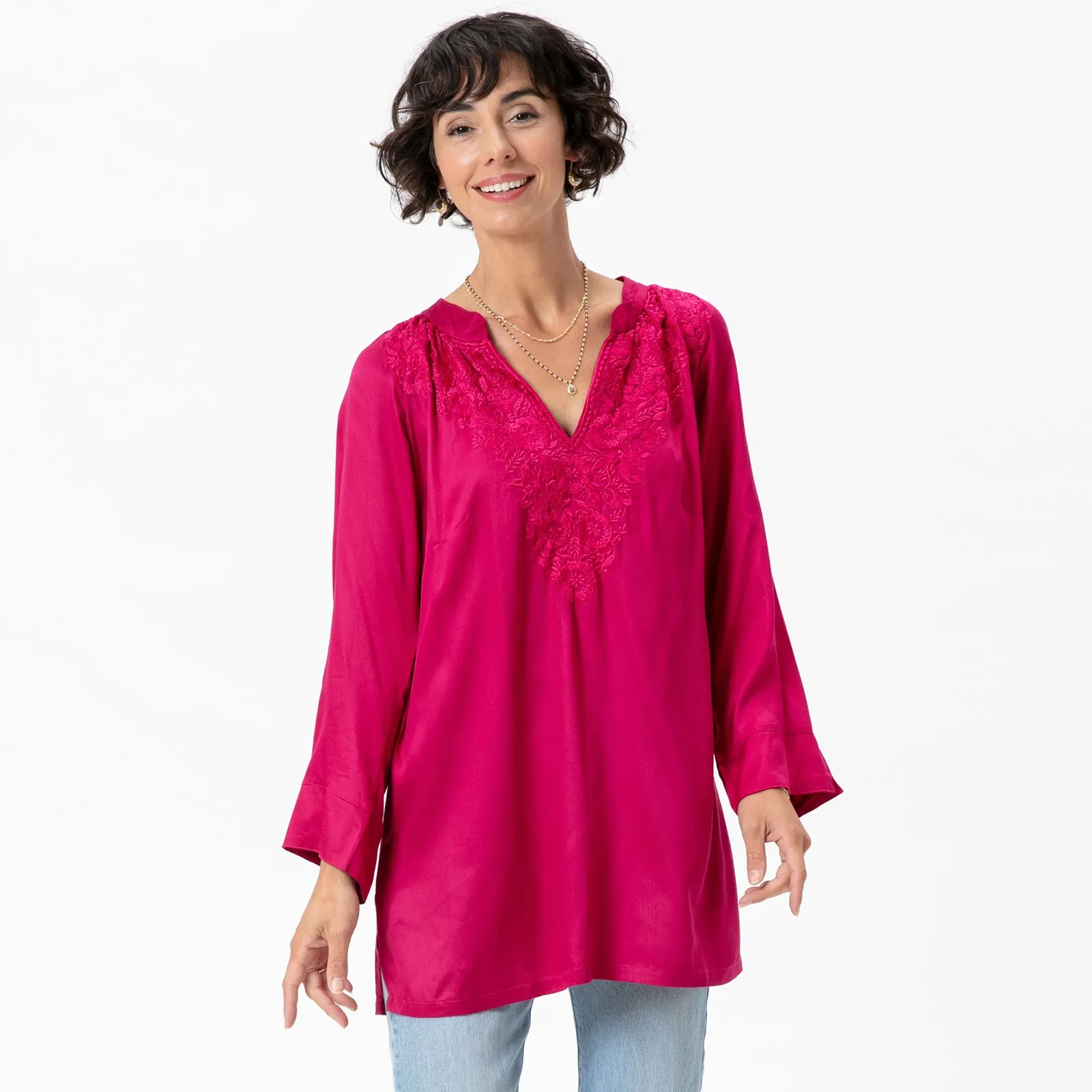 Magenta Embroidered Satin Tunic