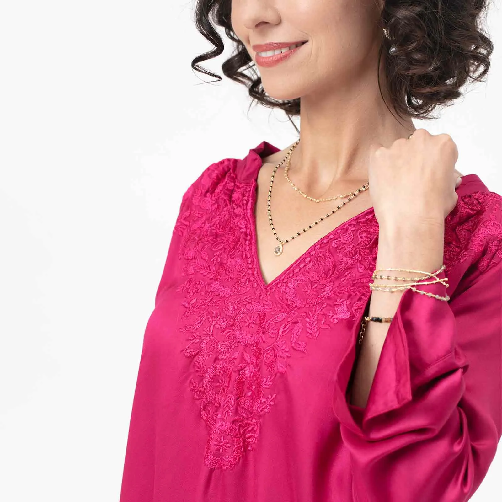 Magenta Embroidered Satin Tunic