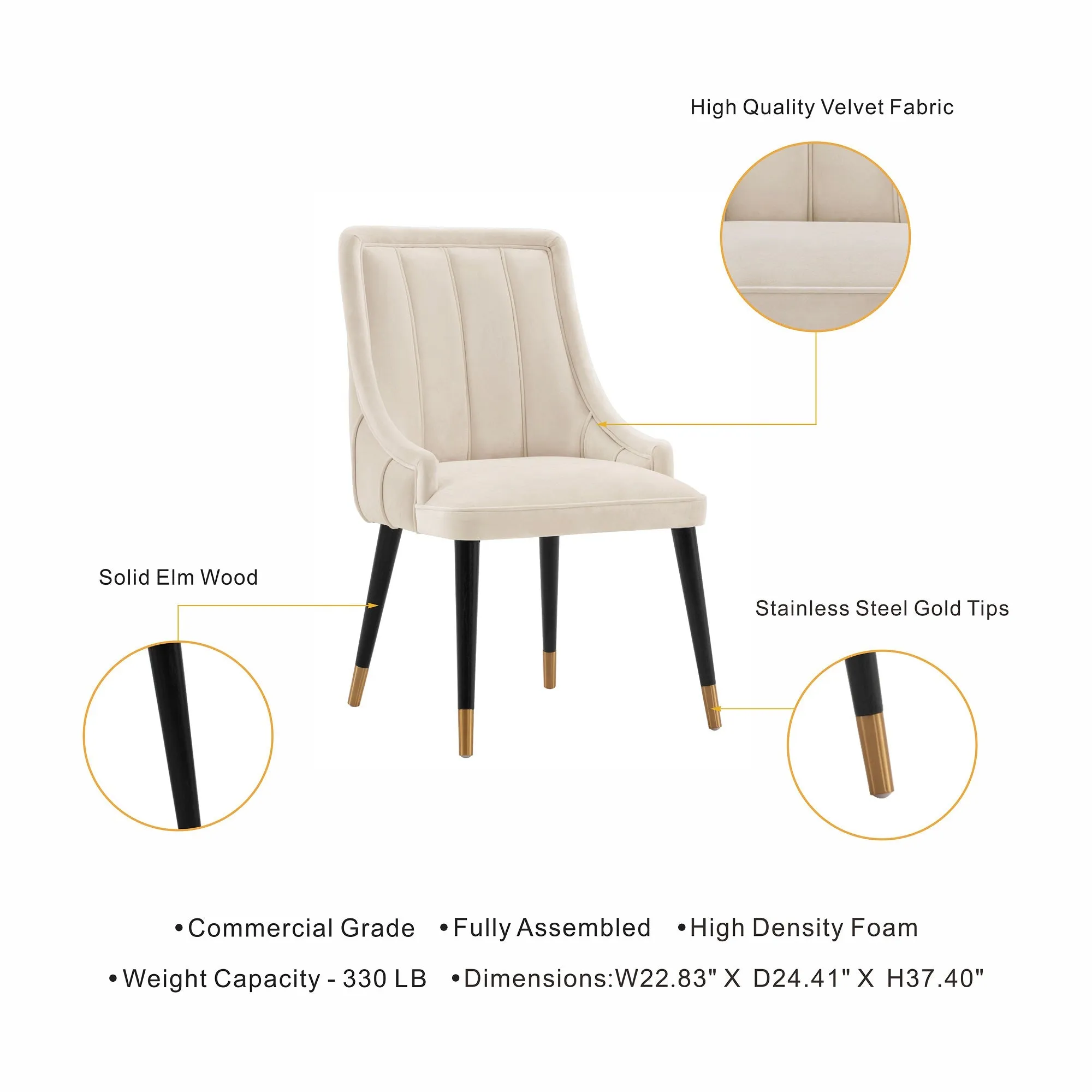 Manhattan Comfort Modern Eda Velvet Dining Chair in Midnight Cream- Set of 2