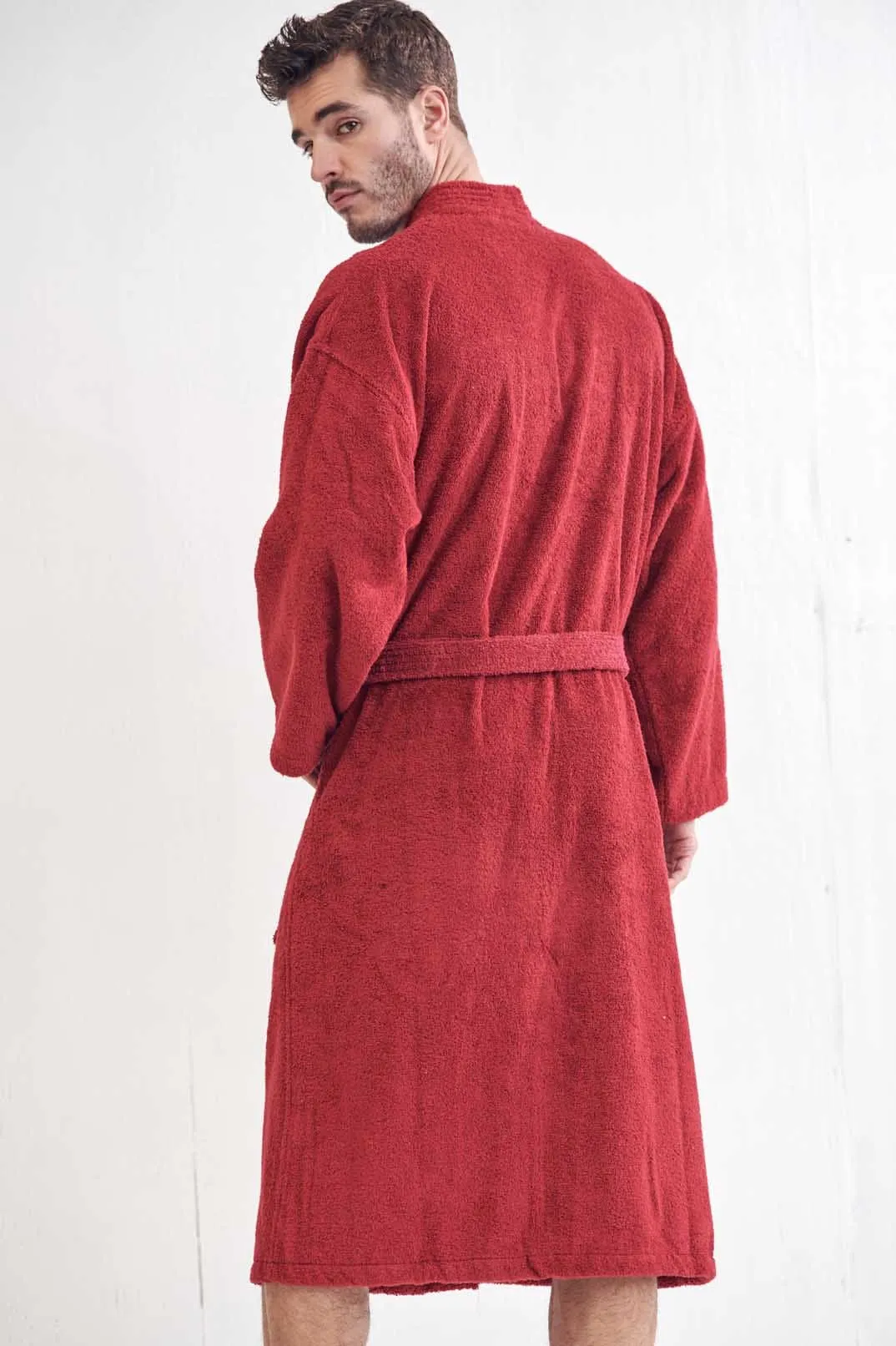 Men's Terry Cloth Cotton Turkish Bathrobe, Kimono Style, Luxurious & Comfortable, (Burgundy)