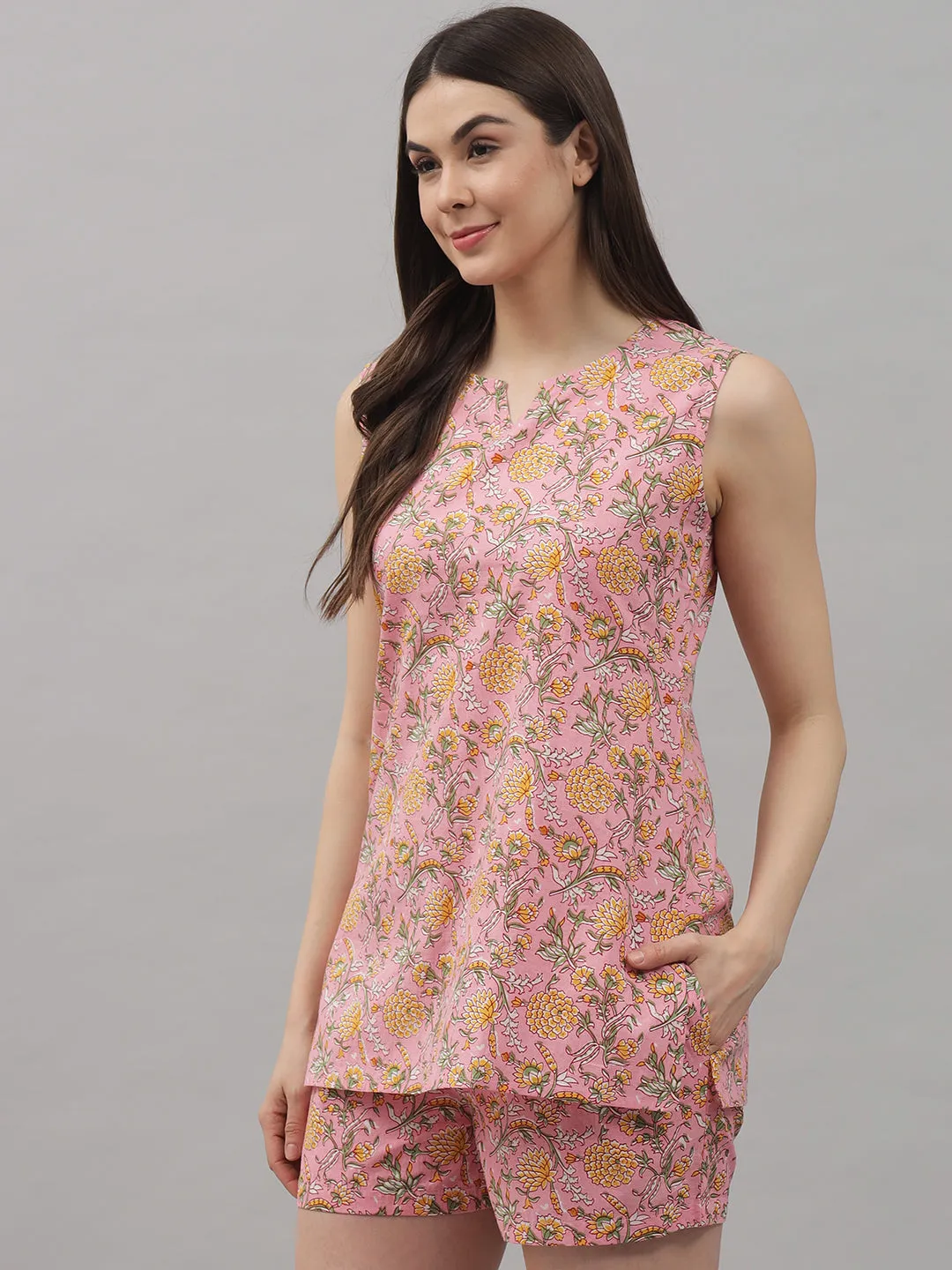 Multicolor Floral Printed Cotton Women's Night Suit-Shorts set