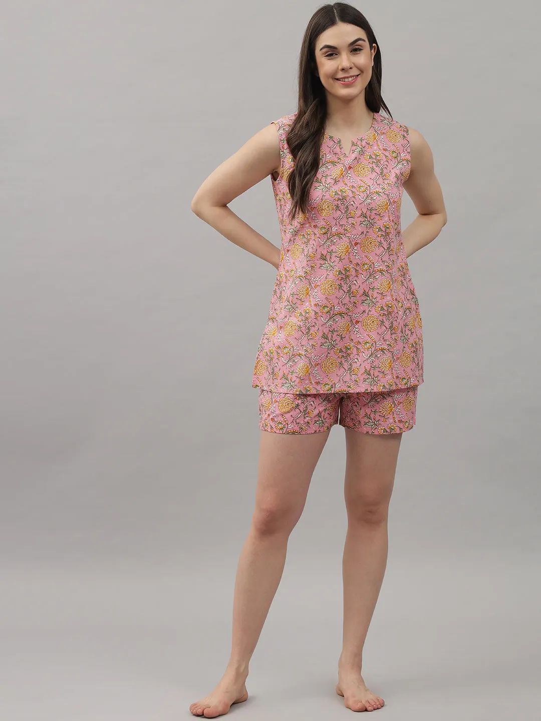 Multicolor Floral Printed Cotton Women's Night Suit-Shorts set