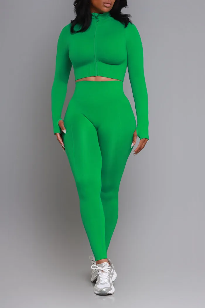 No Idea Zip-Up Cropped Legging Set - Kelly Green