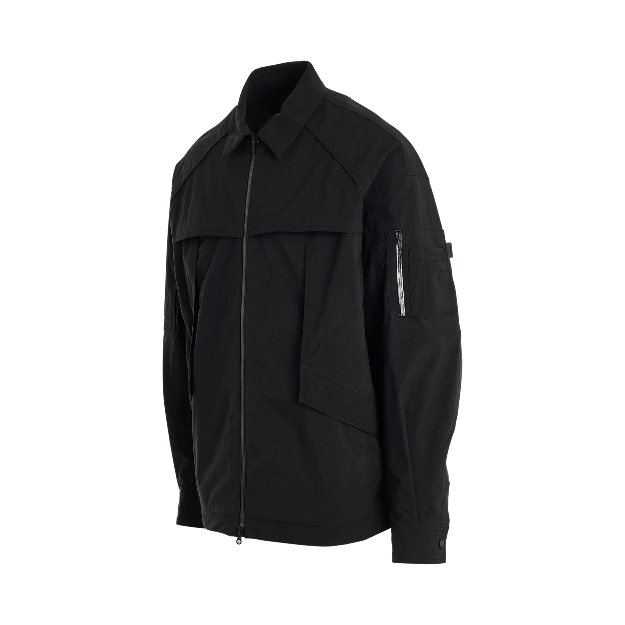 Nylon Military Detail Zip-up Shirts in Black