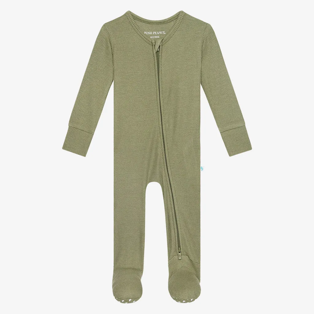 Olive Waffle - Footie Zippered One Piece Posh Peanut