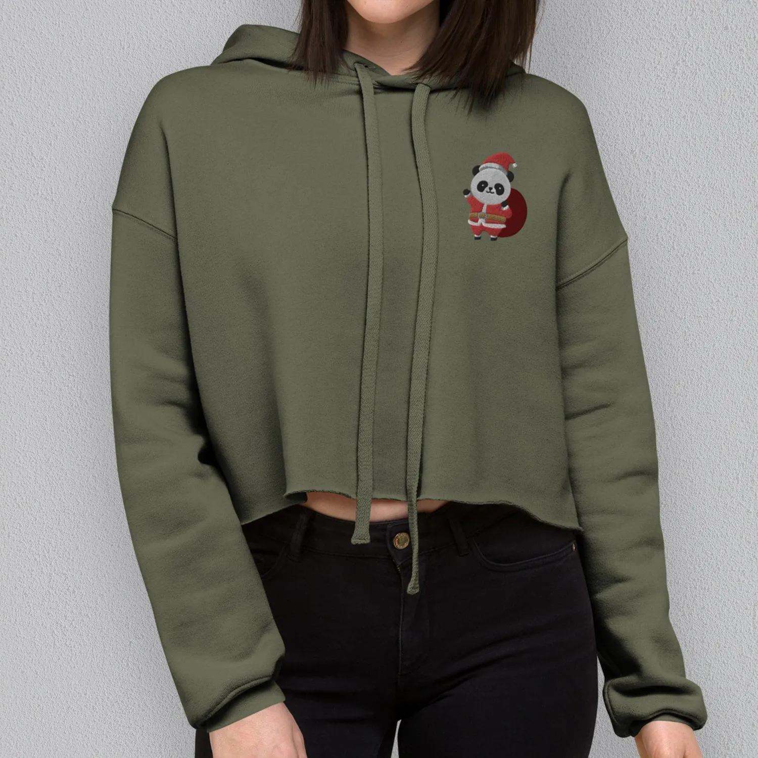 Panda Santa Embroidered Crop Hoodie