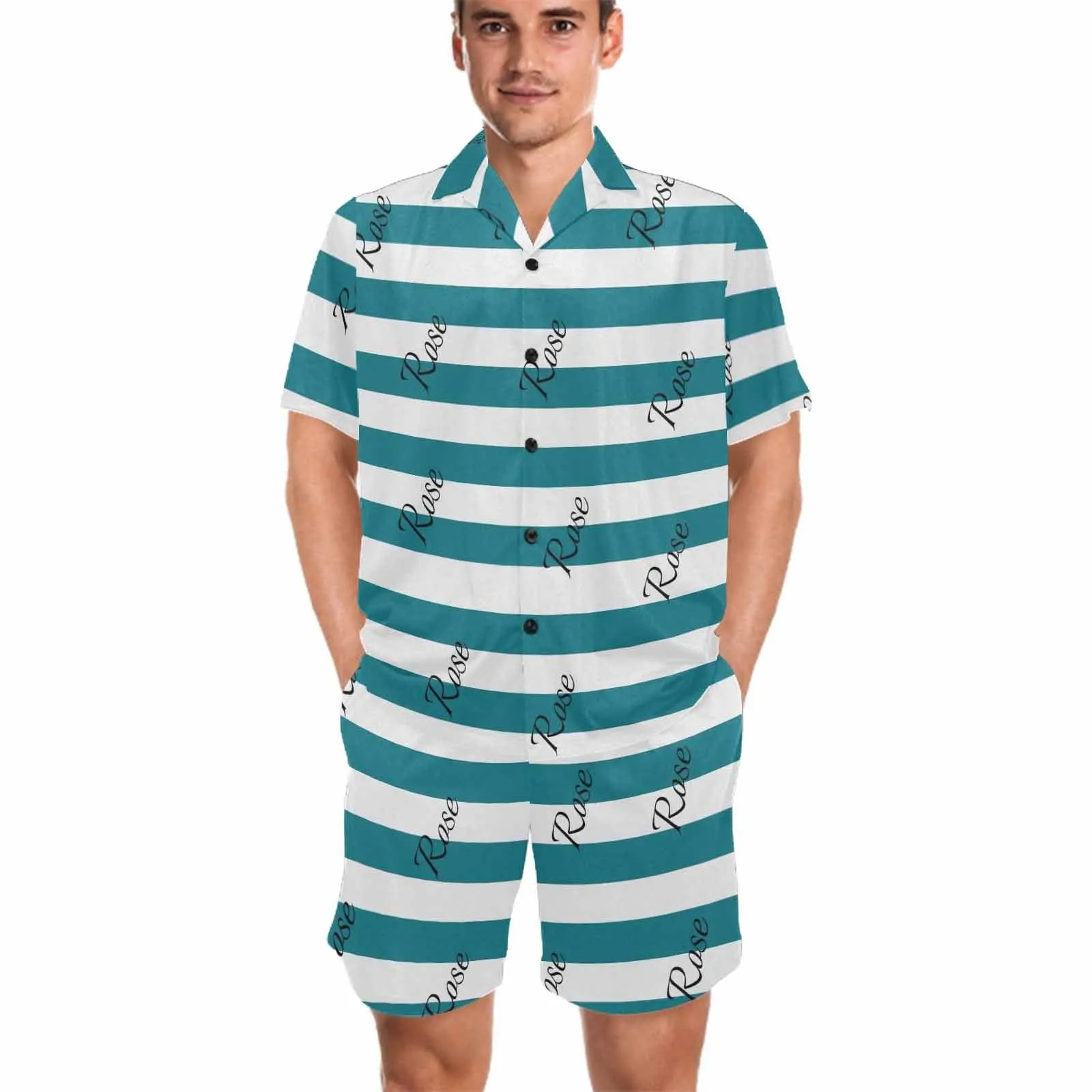 Personalized Name Pajamas for Men Summer Loungewear Custom Stripe Men's V-Neck Short Sleeve Pajama Set